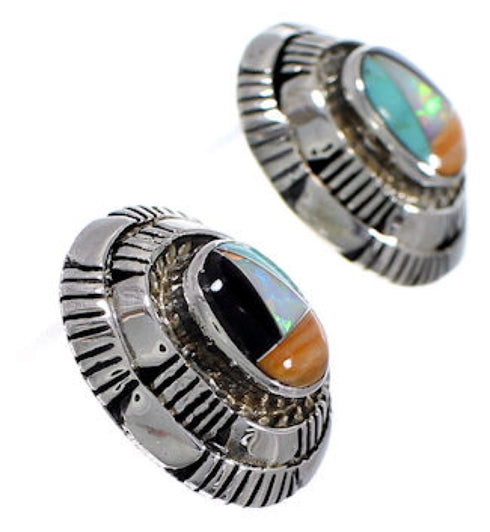 Multicolor Inlay And Authentic Sterling Silver Post Earrings AS34562
